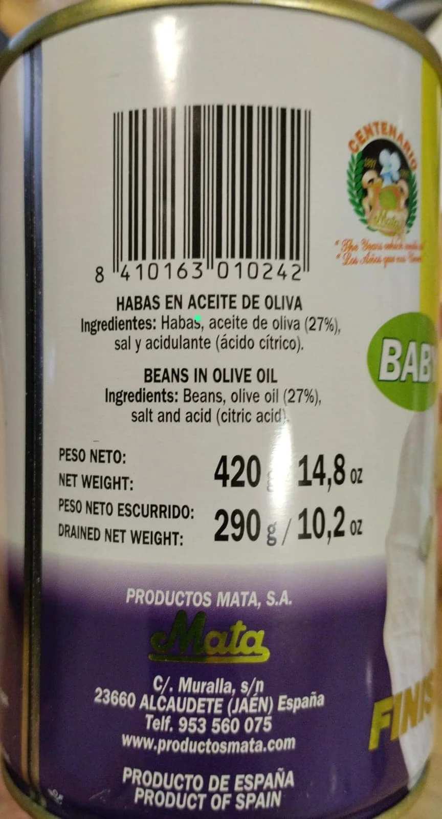Mata Finísimas Habas Fritas Baby en Aceite de Oliva de Jaén, 420g - Imagen 2