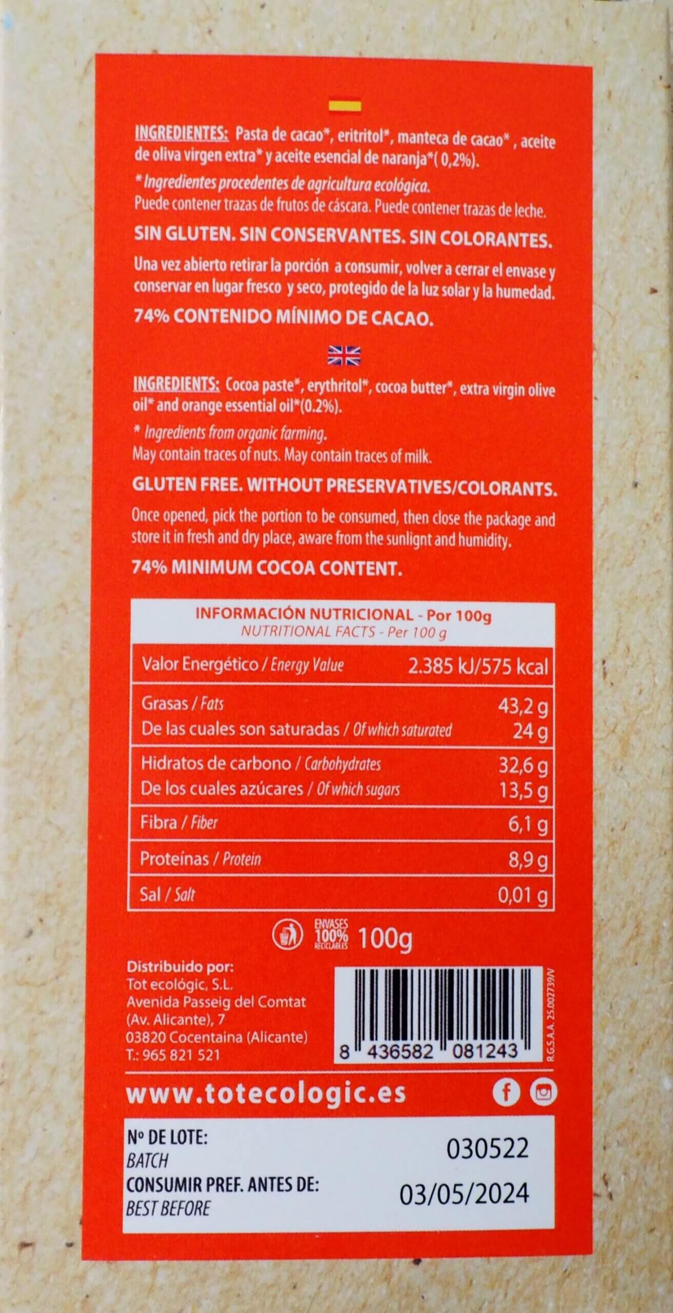 Naranja sin azúcar- Chocolate negro 74% ECO - Imagen 4